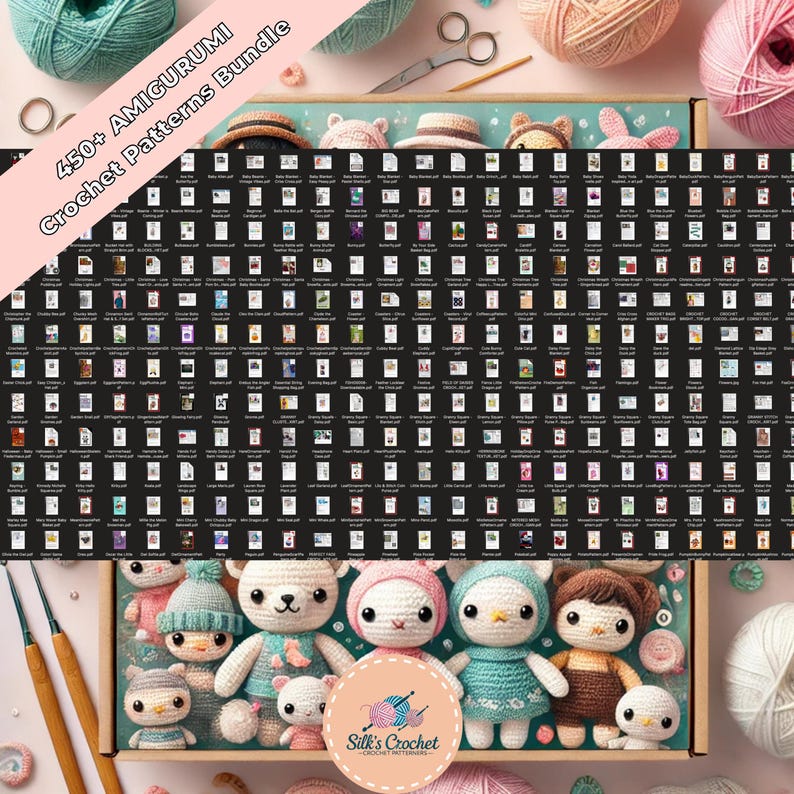 K&ouml;nnte beinhalten: Eine Sammlung von &uuml;ber 450 Amigurumi-H&auml;kelmustern in einem digitalen Bundle. Das Bild zeigt eine Vielzahl von niedlichen geh&auml;kelten Amigurumi-Spielzeugen, darunter einen B&auml;ren, ein Kaninchen, einen Fuchs und einen Pinguin. Die Muster sind zum Download verf&uuml;gbar und k&ouml;nnen verwendet werden, um eigene Amigurumi-Kreationen zu erstellen.