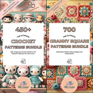 May include: Two digital product bundles for crochet patterns. The left bundle features 450+ amigurumi crochet patterns and includes a collection of adorable crocheted amigurumi toys. The right bundle features 700 granny square crochet patterns and includes a collection of colourful granny squares. Both bundles are labelled as PDF downloads.