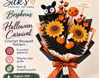 Halloween Crochet Bouquet Pattern PDF, Bat, Pumpkins, Sunflowers and Ferns
