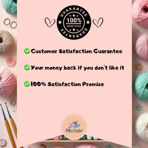 K&ouml;nnte beinhalten: Ein rosa Hintergrund mit einem wei&szlig;en Kreis, der den Text "Silk's Crochet - Crochet Patterns" und ein kleines Bild eines H&auml;kelhakens und Garns enth&auml;lt. Der Text "Guarantee" befindet sich in einem schwarzen Kreis mit wei&szlig;en Sternen und dem Text "100% Money Back". Unter dem Kreis befinden sich drei H&auml;kchen mit dem Text "Customer Satisfaction Guarantee", "Your money back if you don't like it" und "100% Satisfaction Promise".