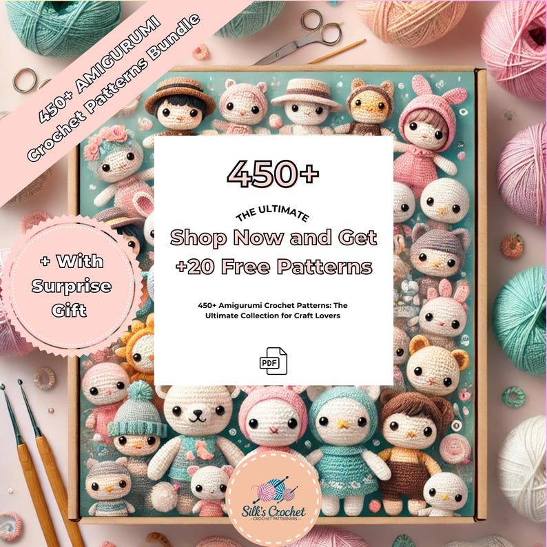 K&ouml;nnte beinhalten: Eine Sammlung von &uuml;ber 450 Amigurumi-H&auml;kelmustern in einer Schachtel mit rosa und wei&szlig;em Hintergrund. Die Schachtel ist von Garnkn&auml;ueln und H&auml;kelnadeln umgeben. Der Text auf der Schachtel lautet "450+ The Ultimate Shop Now and Get +20 Free Patterns 450+ Amigurumi Crochet Patterns: The Ultimate Collection for Craft Lovers".