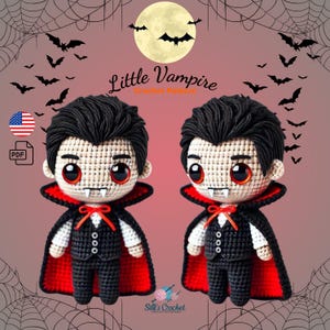 Può includere: Uno schema all'uncinetto per una graziosa bambola amigurumi di un piccolo vampiro. Lo schema è disponibile per il download in PDF. La bambola indossa un completo nero con un mantello rosso e ha un viso amichevole con occhi grandi.