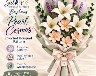 Crochet Flower Bouquet Pattern PDF, Pearl Cosmos with Lily and Lavender, English