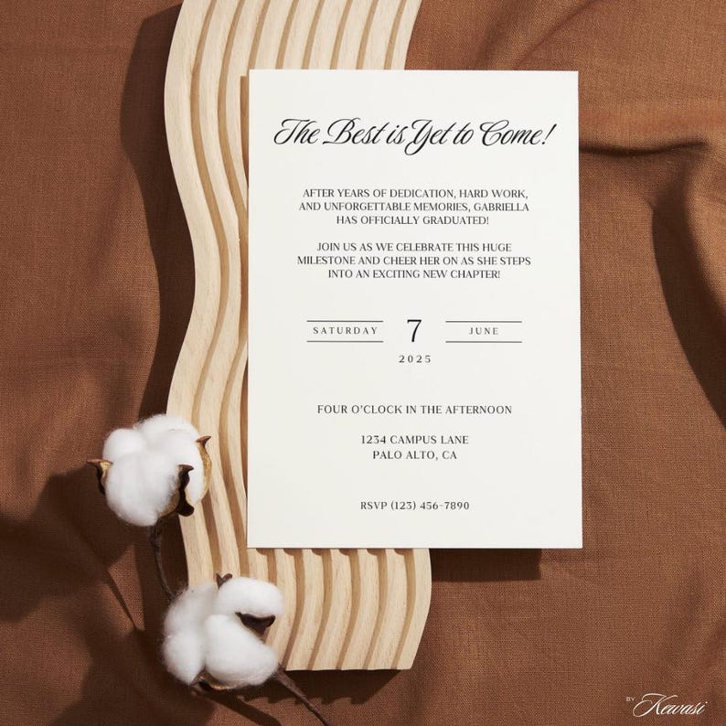 Graduation Celebration Invitation Card with RSVP. The card is resting on an organic shaped curved carved wooden board with cotton beside it and a brown fabric underneath. By Kewasi Designs