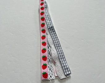 Mini Ribbon - Strawberries with Grey Plaid | Planner lover gift | Journal accessory | Bookmark | Bible Tassel
