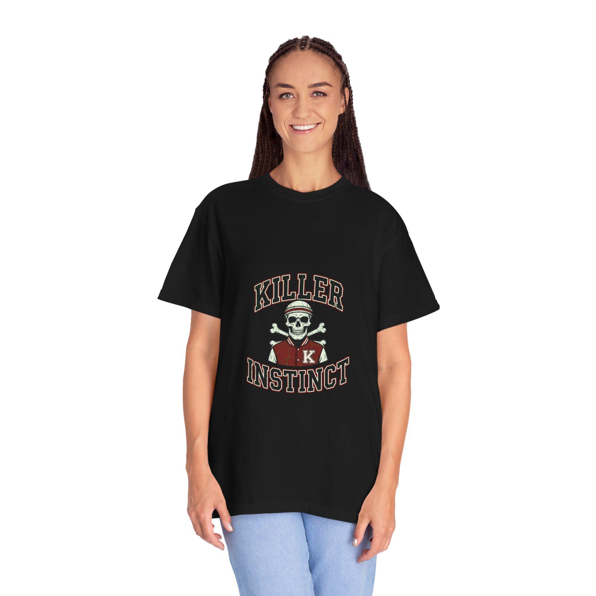Killer Instinct Skull and Crossbones T-Shirt - Retro Sports Crest - Heavyweight Garment Dyed Streetwear - Crimson Ledger