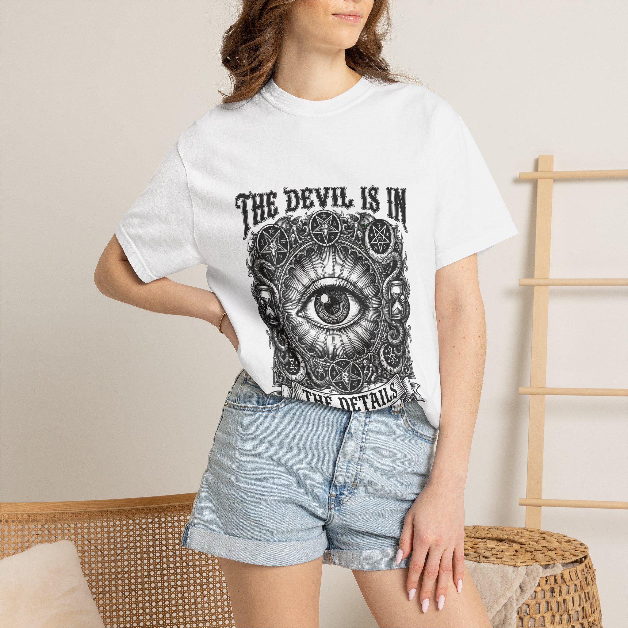 The Devil Is In The Details Gothic Eye Illustration T-shirt | Occult Vintage Aesthetic Garment Dyed Tee | Crimson Ledger Alt Apparel