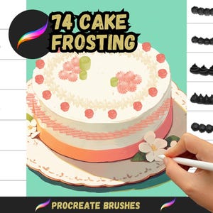 May include: 74 Procreate brushes for cake frosting. The brushes are designed to create realistic cake frosting effects. The image shows a cake with pink and white frosting, decorated with flowers and dots. The brushes are shown in a variety of styles, including swirls, dots, and lines.