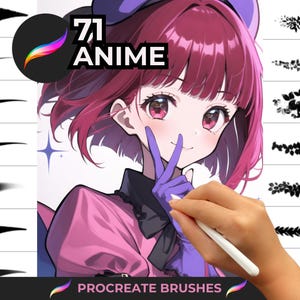 May include: 71 Anime Procreate Brushes, a digital art resource featuring a variety of brush styles for creating anime-inspired artwork. The image shows a selection of brushes, including line art, texture, and special effects brushes.