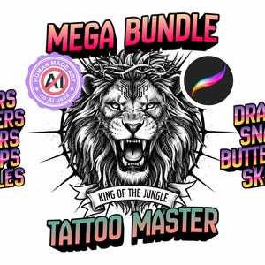 Könnte beinhalten: Schwarz-Weiß-Illustration eines brüllenden Löwen mit Krone, beschriftet mit „King of the Jungle“. Das Bild enthält die Texte „MEGA BUNDLE“ und „TATTOO MASTER“ sowie Designelemente wie Drachen, Schlangen und Totenköpfe.