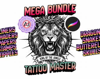 Procreate Tattoo Brushes Mega Bundle: 5000+ Professional Brushes, Liners, Shaders, Stipples, Dragon, Snake, Dotwork, Fine Line, Paper