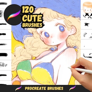 May include: A digital illustration of a girl wearing a blue and yellow swimsuit. The image is surrounded by a variety of black and white brush strokes and stars. The text "120 CUTE BRUSHES" and "PROCREATE BRUSHES" are also visible in the image.