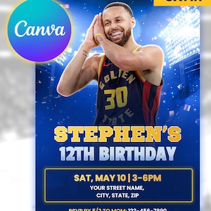 Puede incluir: Una invitación de cumpleaños azul y dorada con un jugador de baloncesto sonriente. La invitación dice "12º Cumpleaños de Stephen" con detalles del evento e información de RSVP. El logotipo de Canva es visible. La invitación mide 12,7 x 17,8 cm.