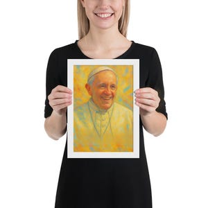 Stampa artistica incorniciata in memoria di Papa Francesco / Decorazione murale in omaggio cattolico a Francesco 1936-2025 / Ritratto a pastello colorato / 21×30 cm