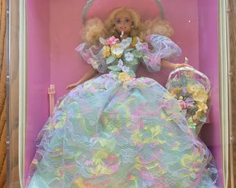 Vintage Spring Bouquet Barbie Doll, Enchanted Seasons Collection, Pastel Lace Gown, Collectors Display Barbie, 1990's Mattel