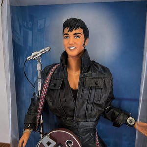 May include: A collectible doll depicting a performer with dark hair and blue eyes, wearing a black jacket and pants. The doll holds a maroon electric guitar with a patterned strap and stands next to a silver microphone on a stand inside a box.