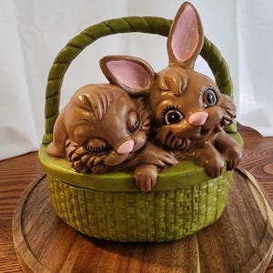 Vintage Ceramic Bunnies in Basket Covered Candy Dish