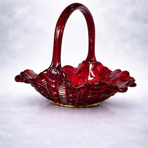 Vintage Indiana Glass Ruby Red Handled Basket, Dew Drop Pattern, Fruit Intaglio Base, DB Marked Handled, Wedding Candy Dish Centerpiece.