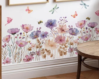 Floral Wall Decal – Painted Flowers, Butterfly & Bee Mural