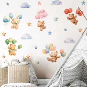Pegatinas de pared con dibujos de osos, globos, estrellas y nubes, con adhesivos móviles para decorar pósteres y murales en habitaciones infantiles.