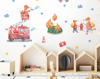 Watercolor Fireman Fox Wall Decals, Nursery Room Decor