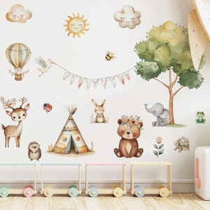 Calcomanía de pared con dibujos de animales del bosque en acuarela para habitación de bebé, ciervo, conejo, oso, para habitación de niños, guardería, decoración del hogar