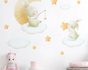 Cartoon Rabbit Moon & Stars Wall Decals, Nursery Decor