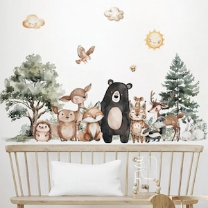 Cartoon Smiling Forest Animals Cloud Watercolor Wall Sticker Child Nursery Kindergarten Art Decal Kids Room Bedroom Home Decor