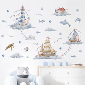 Pegatinas de pared con diseño de velero, faro, oso, animales marinos, acuarela, para habitación de niños, dormitorio de bebé, decoración artística para el hogar