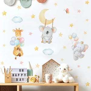 Pegatina de pared con diseño de koala, jirafa, elefante, estrella y acuarela para habitación infantil, decoración para dormitorio infantil, sala de estar y hogar
