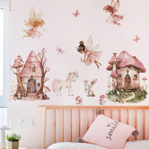 Calcomanía de pared con diseño de unicornio y hada de dibujos animados en acuarela para habitación de bebé, habitación infantil, decoración del hogar