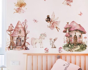 Watercolor Cartoon Cute Fairy House Unicorn Wall Decal for Baby Room Wall Sticker for Children's Room Nursery Home Decor