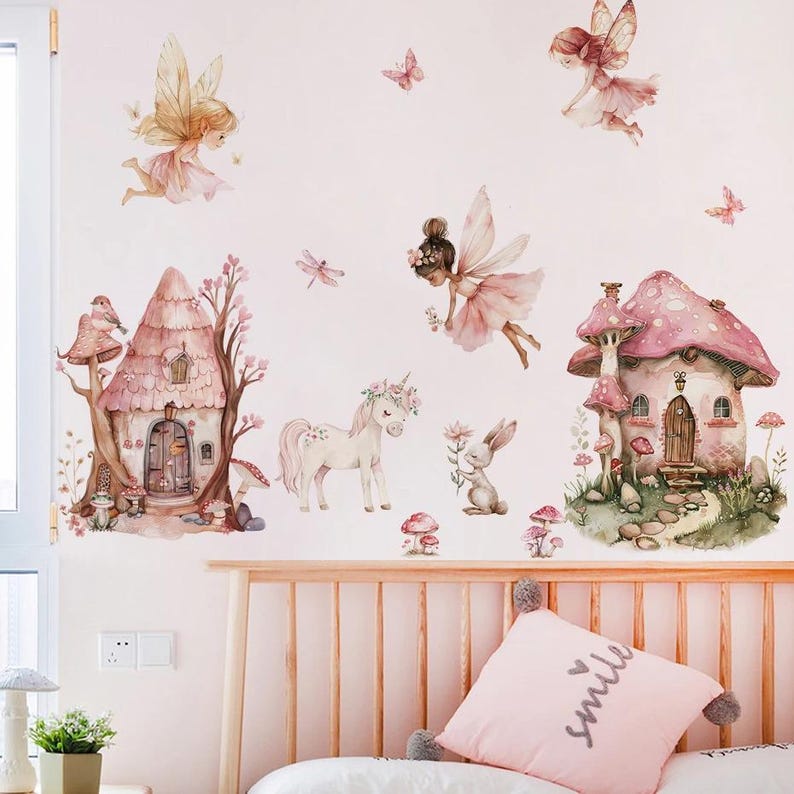 Watercolor Cartoon Cute Fairy House Unicorn Wall Decal for Baby Room ...