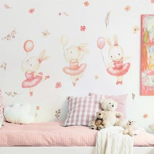 Watercolor Pink 3 Bunnies Ballet Rabbit Flowers leaves Wall Stickers for Kids Room Baby Nursery Room Wall Decals Home Decor PVC