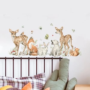 Pegatinas de pared con dibujos de animales del bosque, ciervos, plantas, acuarela, vinilo para guardería, arte de pared para niños, decoración del hogar para habitación de bebés y niños