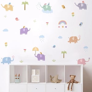 Pegatinas de pared con dibujos de elefantes, pájaros y acuarelas para habitación de bebé, calcomanías decorativas para habitación de niños y niñas