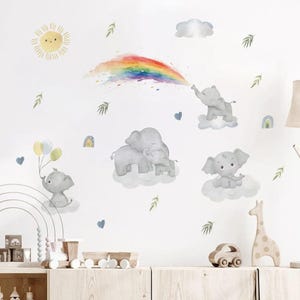 Cartoon Elephant Rainbow Sun Balloon Watercolor Wall Sticker Child Nursery Kindergarten Art Decal Kid Room Bedroom Home Decor