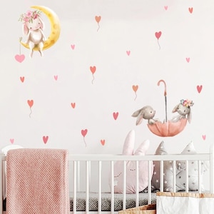 Adesivi murali fai da te a forma di coniglietto a forma di cuore rosa, per la cameretta delle bambine, decorazione della casa.