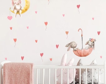 Bunny & Hearts Nursery Wall Decals, Peel and Stick, Girl Room Decor