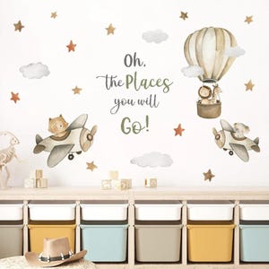 Acuarela Dibujos Animados León Elefante Avión Globo Aerostático Nubes Calcomanías de Pared Habitación Infantil Bebé Guardería Murales Decoración