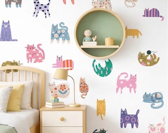 Colorful Flowers Cat Wall Sticker – Vinyl Decal for Kids Room, Living Room Home Decor
