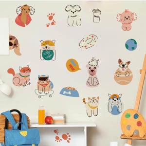 Muurstickers cartoon kitten en puppy, kinderkamerdecoratie