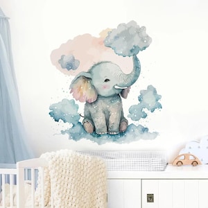 Pegatinas de pared con dibujos de animales de acuarela, elefante, jirafa, nube, para habitación de niños, calcomanías decorativas para pared
