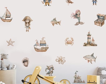 Boho Pirate Sea Animals Wall Decal, Nursery Decor