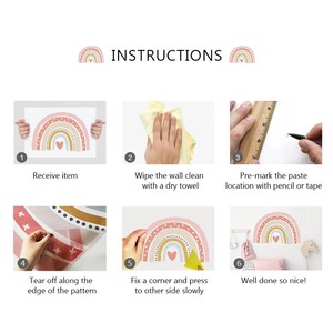 Pu&ograve; includere: Istruzioni per l'applicazione di un adesivo da parete arcobaleno. I passaggi includono la ricezione dell'articolo, la pulizia della parete, la pre-marcatura della posizione della pasta, lo strappo del bordo del motivo, il fissaggio di un angolo e la pressione sull'altro lato lentamente, e infine, il prodotto finito.