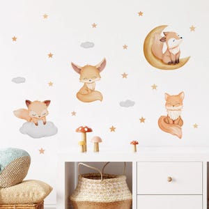 Calcomanía de pared con dibujos de animales, zorros, amigos, nubes, acuarela, vinilo, para guardería, habitación de niños, niños y niñas, decoración interior del hogar