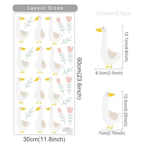 May include: A sheet of 27 white goose stickers with yellow beaks and feet. The stickers are arranged in a grid pattern on a white background. The sheet is 60cm by 30cm and includes the text 'Layout Sizes' and '1sheet=27pcs'. The stickers are 12.1cm tall and 6.3cm wide. The sheet also includes measurements in inches.