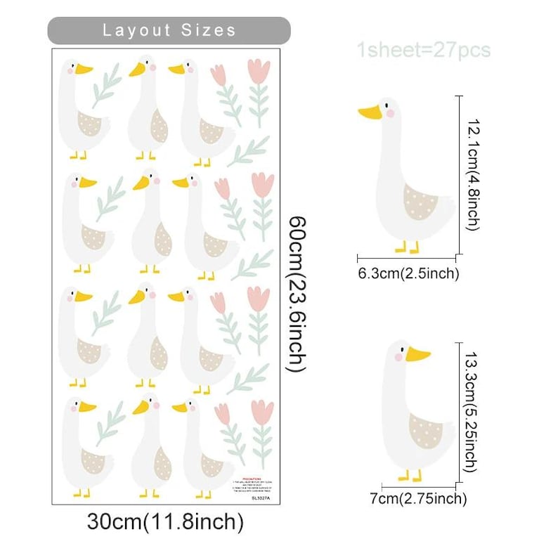 May include: A sheet of 27 white goose stickers with yellow beaks and feet. The stickers are arranged in a grid pattern on a white background. The sheet is 60cm by 30cm and includes the text 'Layout Sizes' and '1sheet=27pcs'. The stickers are 12.1cm tall and 6.3cm wide. The sheet also includes measurements in inches.