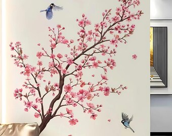 Pink Cherry Blossom Tree Wall Sticker – Sakura Branches, Flying Birds (Removable Decal)