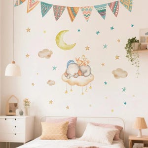Cartoon Sleeping Elephant Rabbit Bird Stars Clouds Watercolor Wall Sticker Child Nursery Art Decal Kids Room Bedroom Home Decor